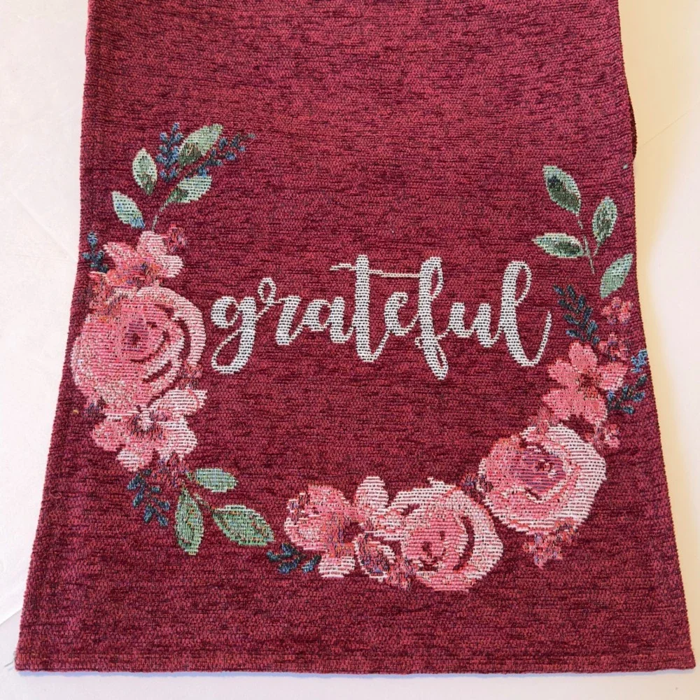Grateful Floral‎ Tapestry Table Runner Burgundy Wine 70x12.5 Thanksgiving Fall